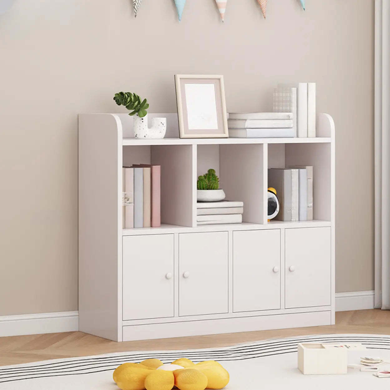 Modern Horizontal White Wood Display Bookcase