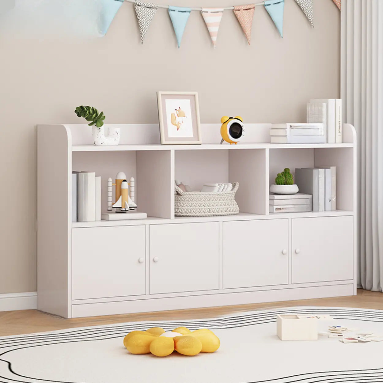 Modern Horizontal White Wood Display Bookcase