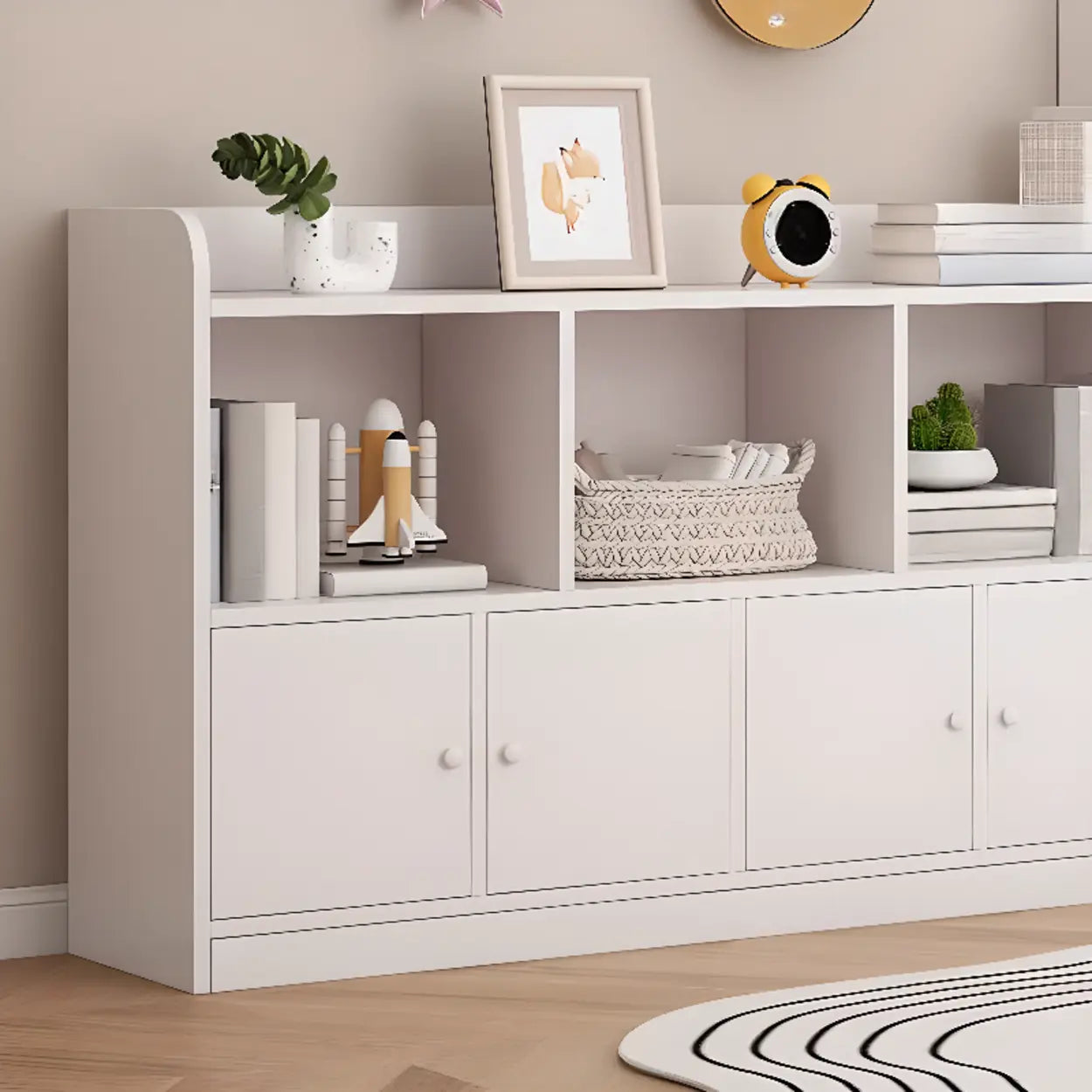 Modern Horizontal White Wood Display Bookcase