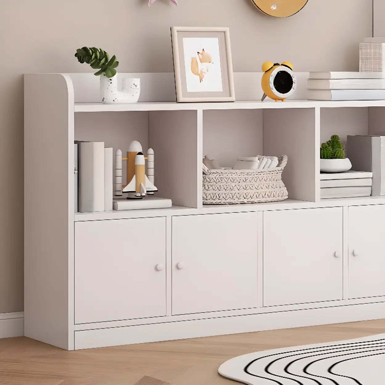 Modern Horizontal White Wood Display Bookcase