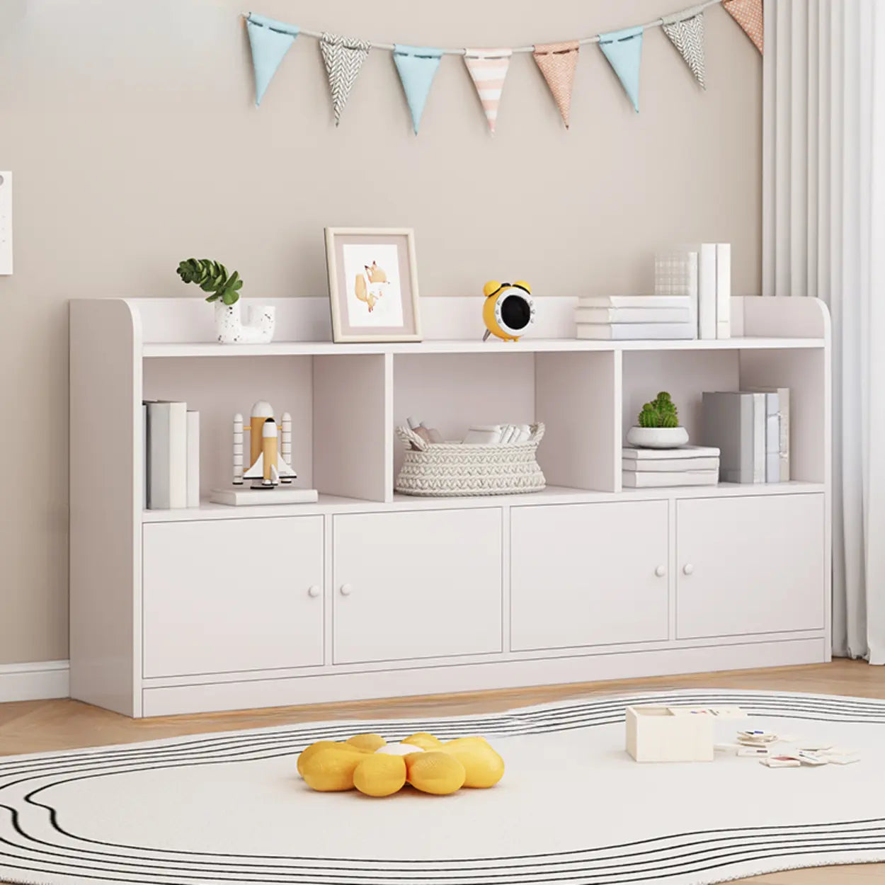 Modern Horizontal White Wood Display Bookcase