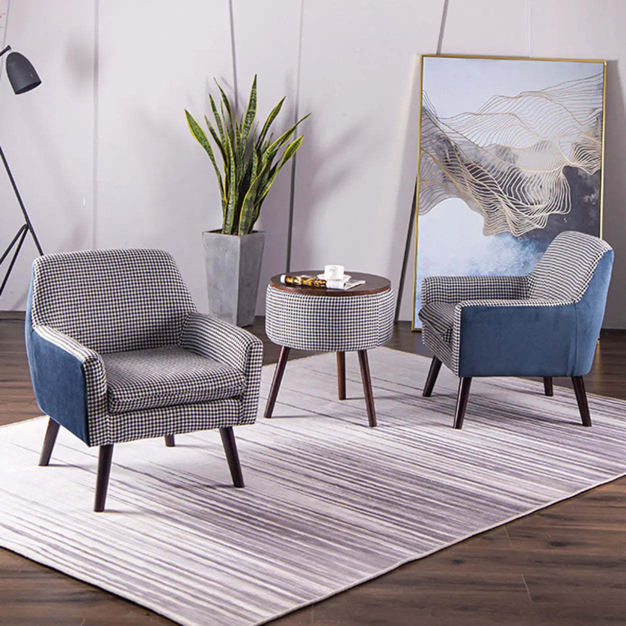 Modern Houndstooth Blue Arm Accent Chair — Ginger / Cotton and Linen