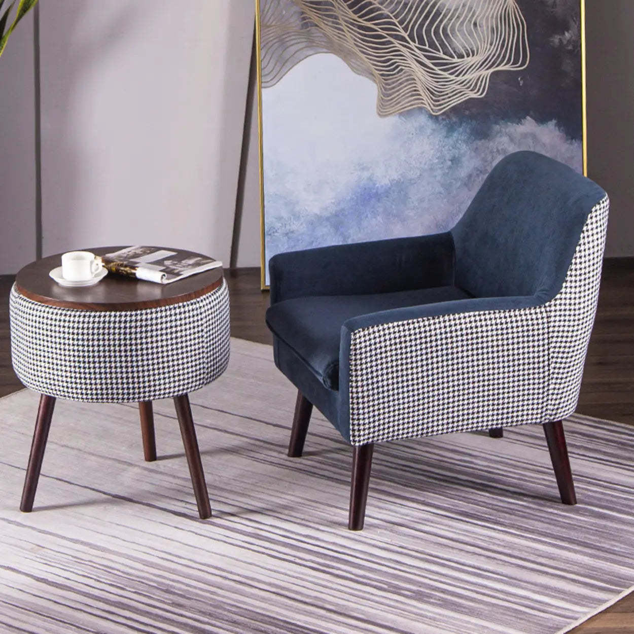 Modern Houndstooth Blue Arm Accent Chair