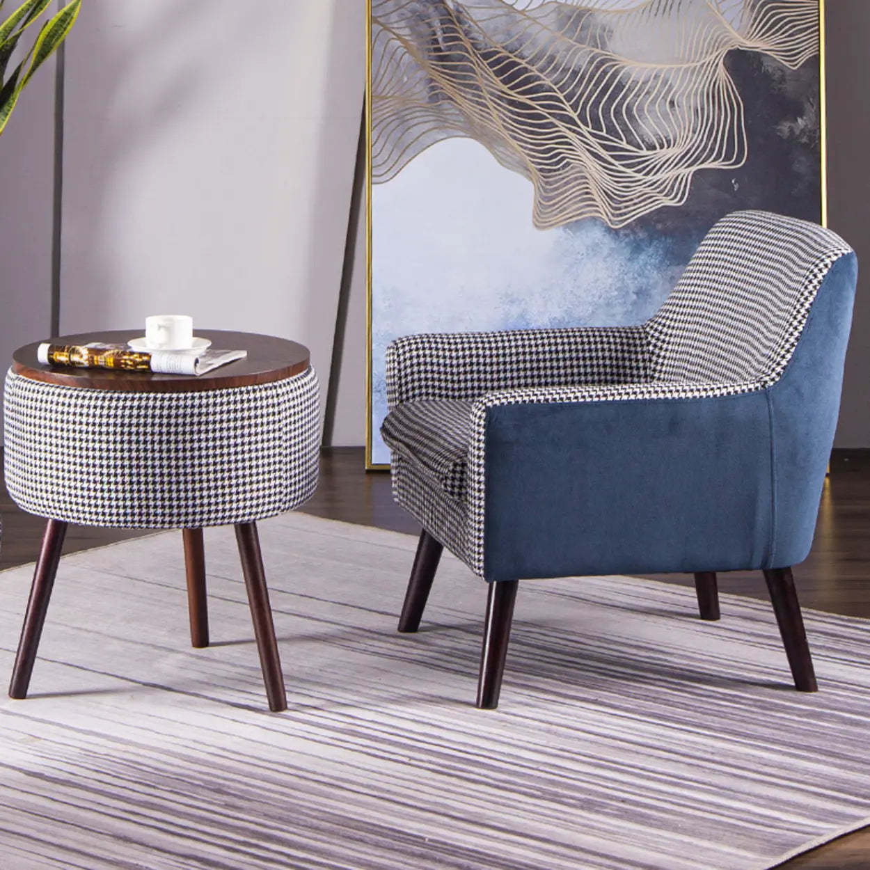 Modern Houndstooth Blue Arm Accent Chair
