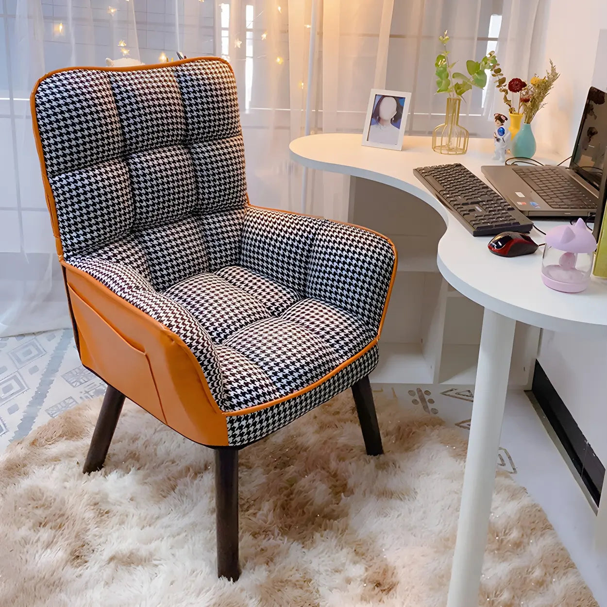 Modern Houndstooth Cushioned Wood Office Chair