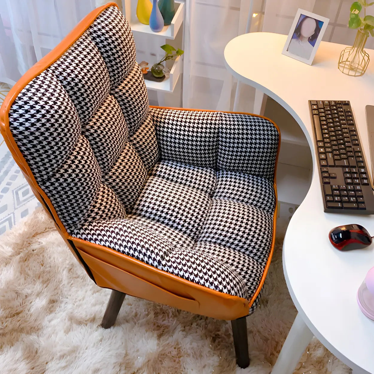 Modern Houndstooth Cushioned Wood Office Chair — Beige / 6 Piece Set