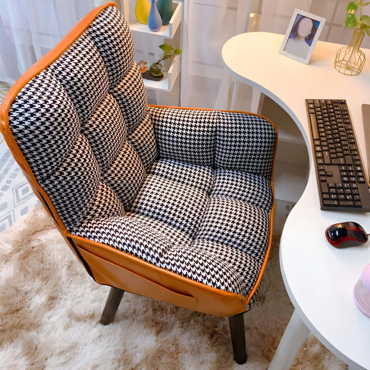 Modern Houndstooth Cushioned Wood Office Chair — Beige / 6 Piece Set
