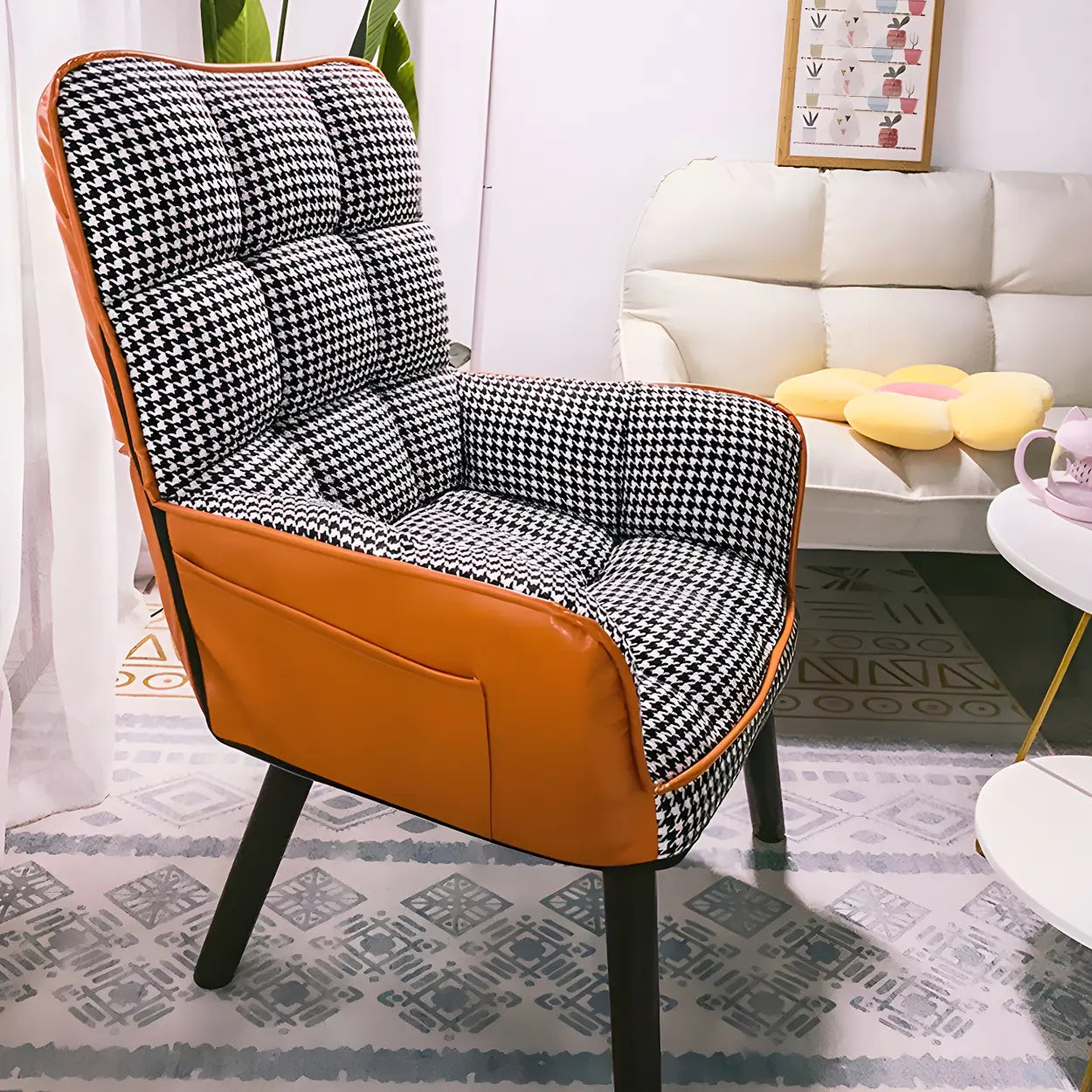 Modern Houndstooth Cushioned Wood Office Chair — Khaki / 1 Piece