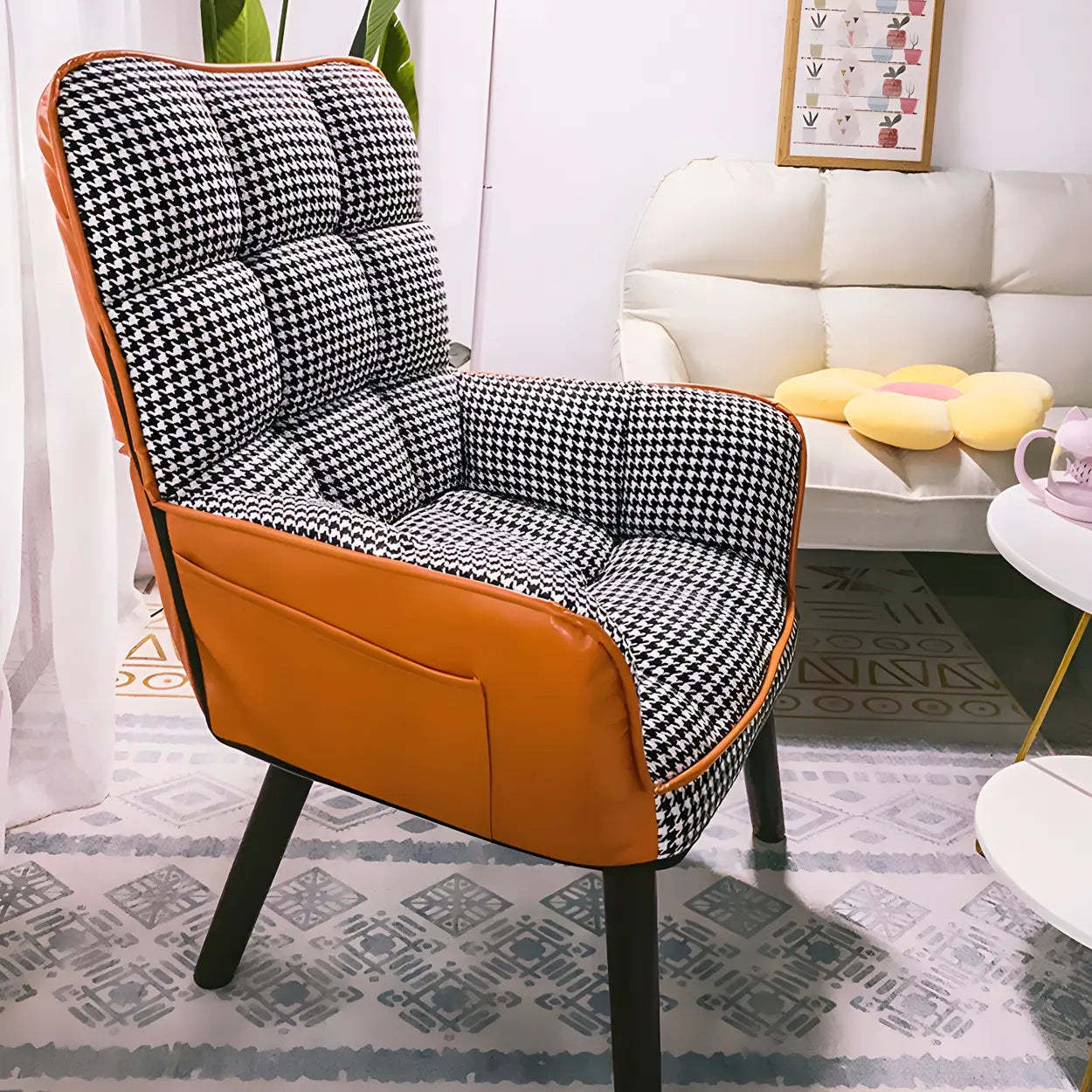 Modern Houndstooth Cushioned Wood Office Chair — Khaki / 1 Piece