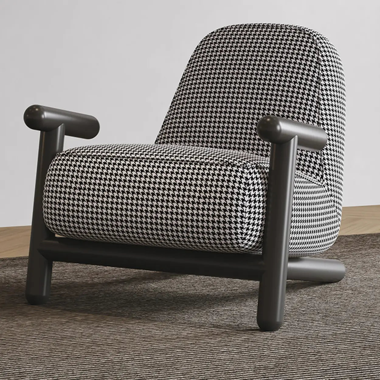 Modern Houndstooth Wood Lounge Chair with Arms — Cotton and Linen / Carbon Steel