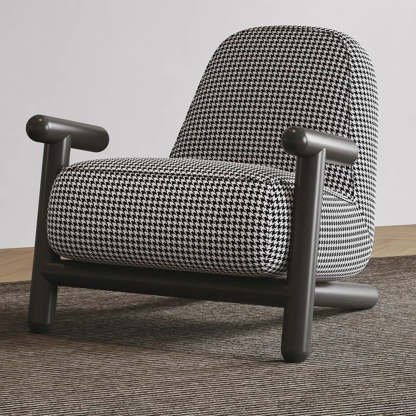 Modern Houndstooth Wood Lounge Chair with Arms — Cotton and Linen / Carbon Steel