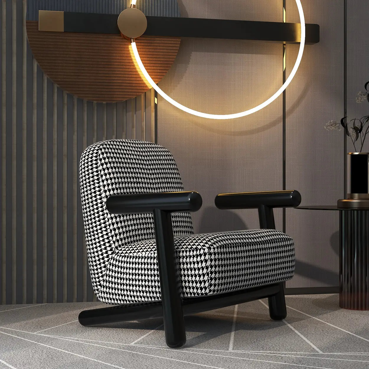 Modern Houndstooth Wood Lounge Chair with Arms — Cotton and Linen / Ash