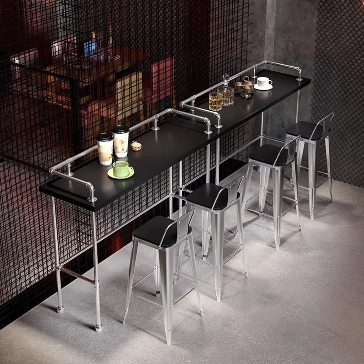 Industrial Spectator Height Bar Table with Railing — Silver / Table Only