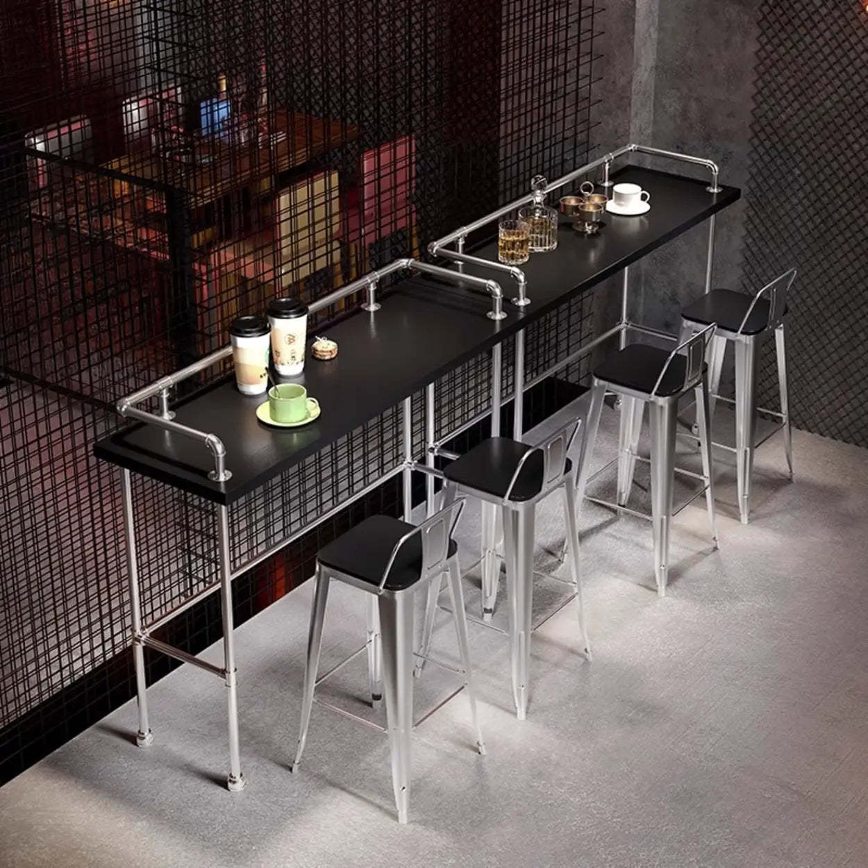 Industrial Spectator Height Bar Table with Railing — Silver / Table Only