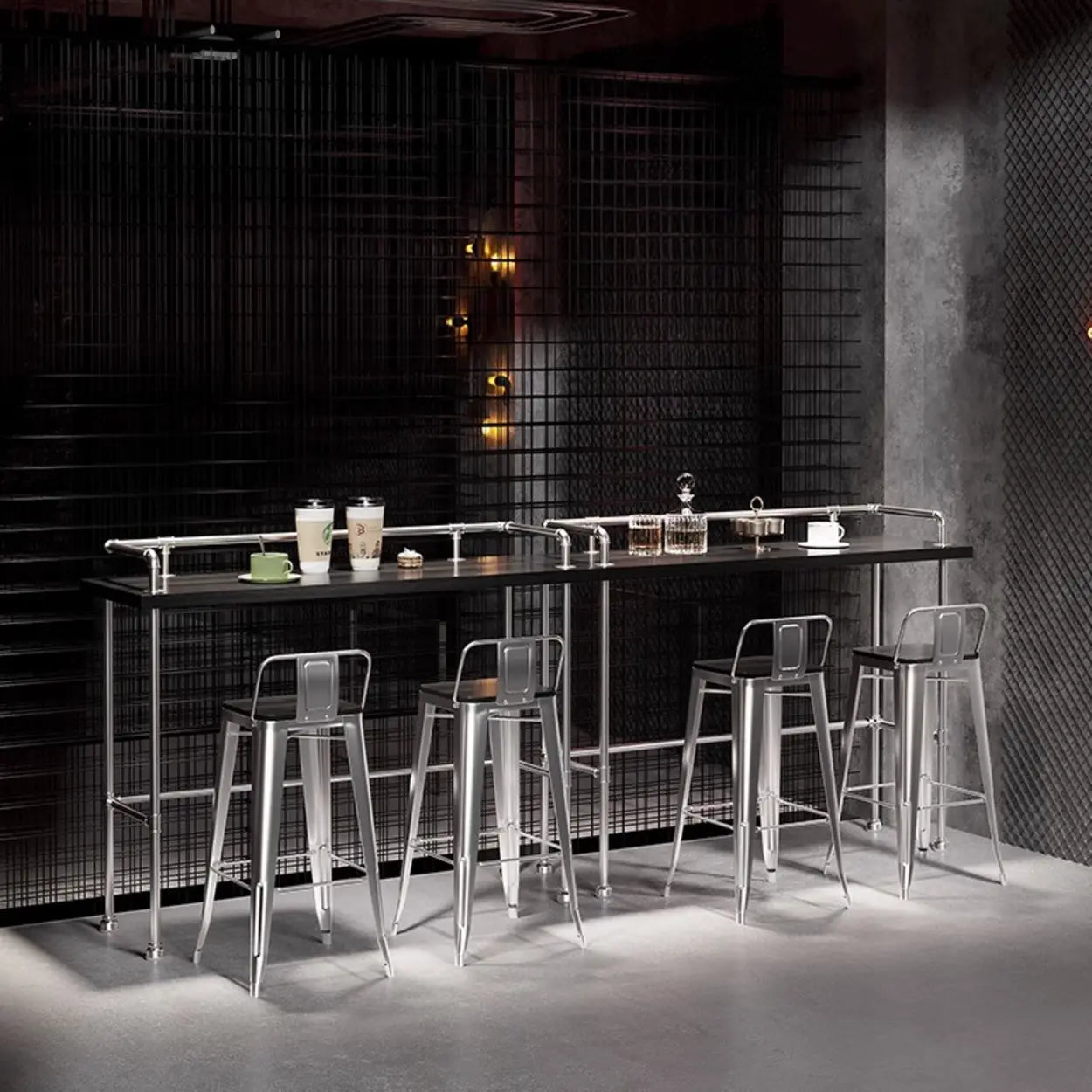 Industrial Spectator Height Bar Table with Railing — Silver / Table Only
