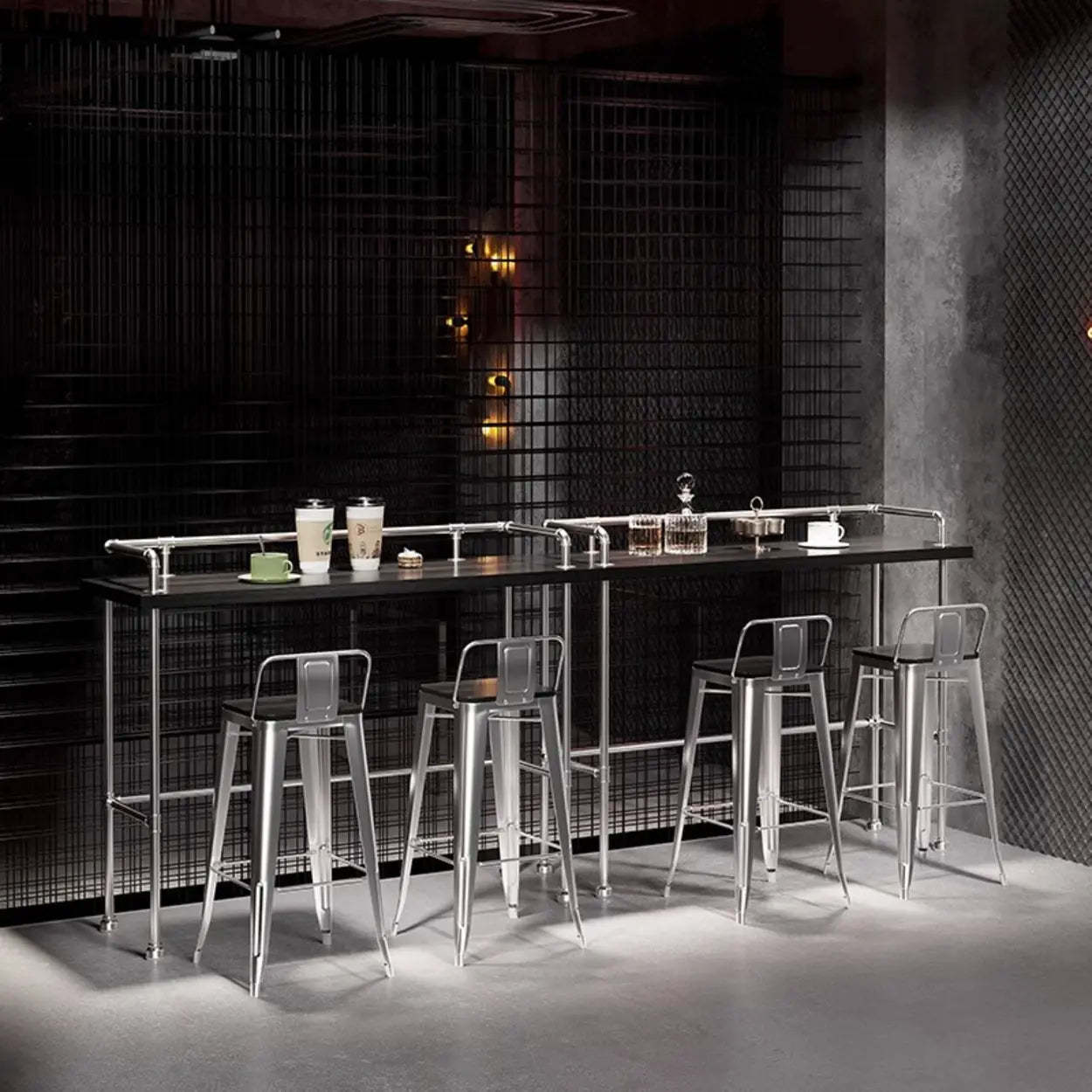 Industrial Spectator Height Bar Table with Railing — Silver / Table Only