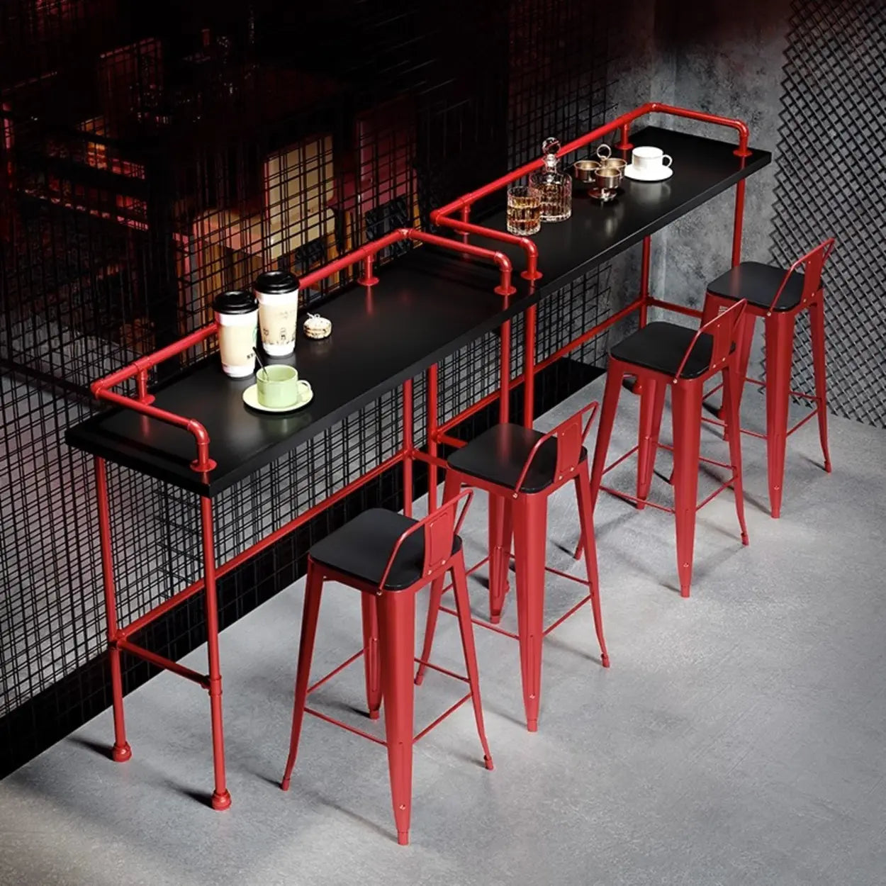 Industrial Spectator Height Bar Table with Railing — Red / Table Only