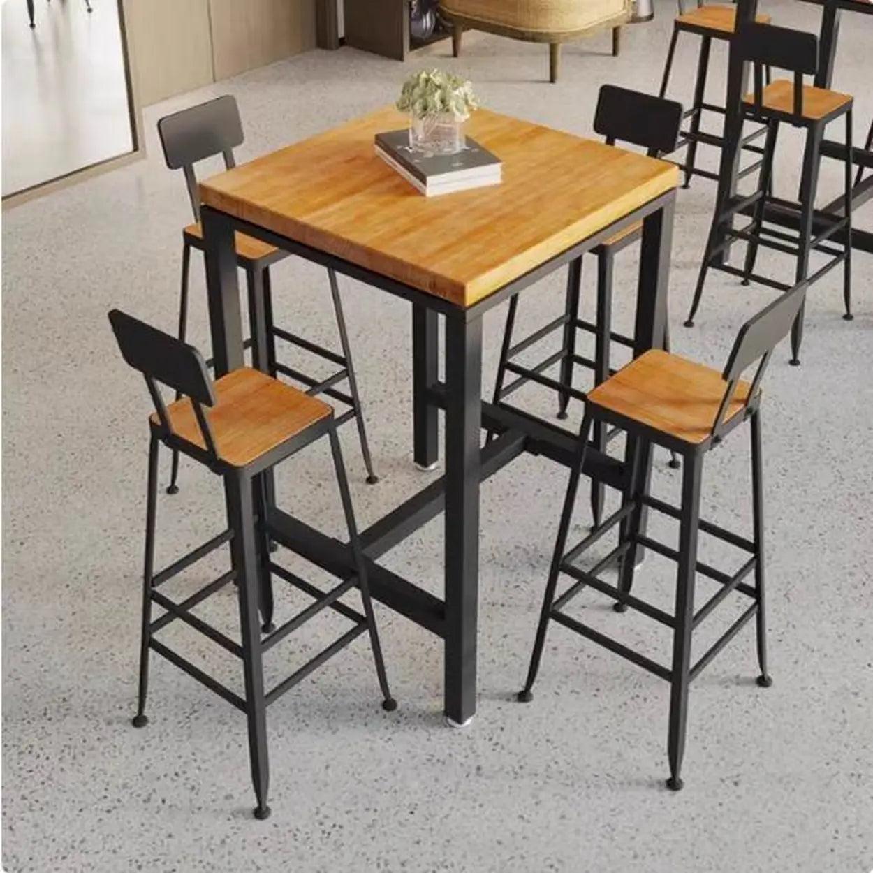 Industrial Square Bar Height Cafe Table with Footrest