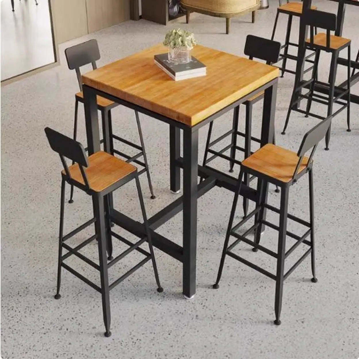 Industrial Square Bar Height Cafe Table with Footrest — Table Only