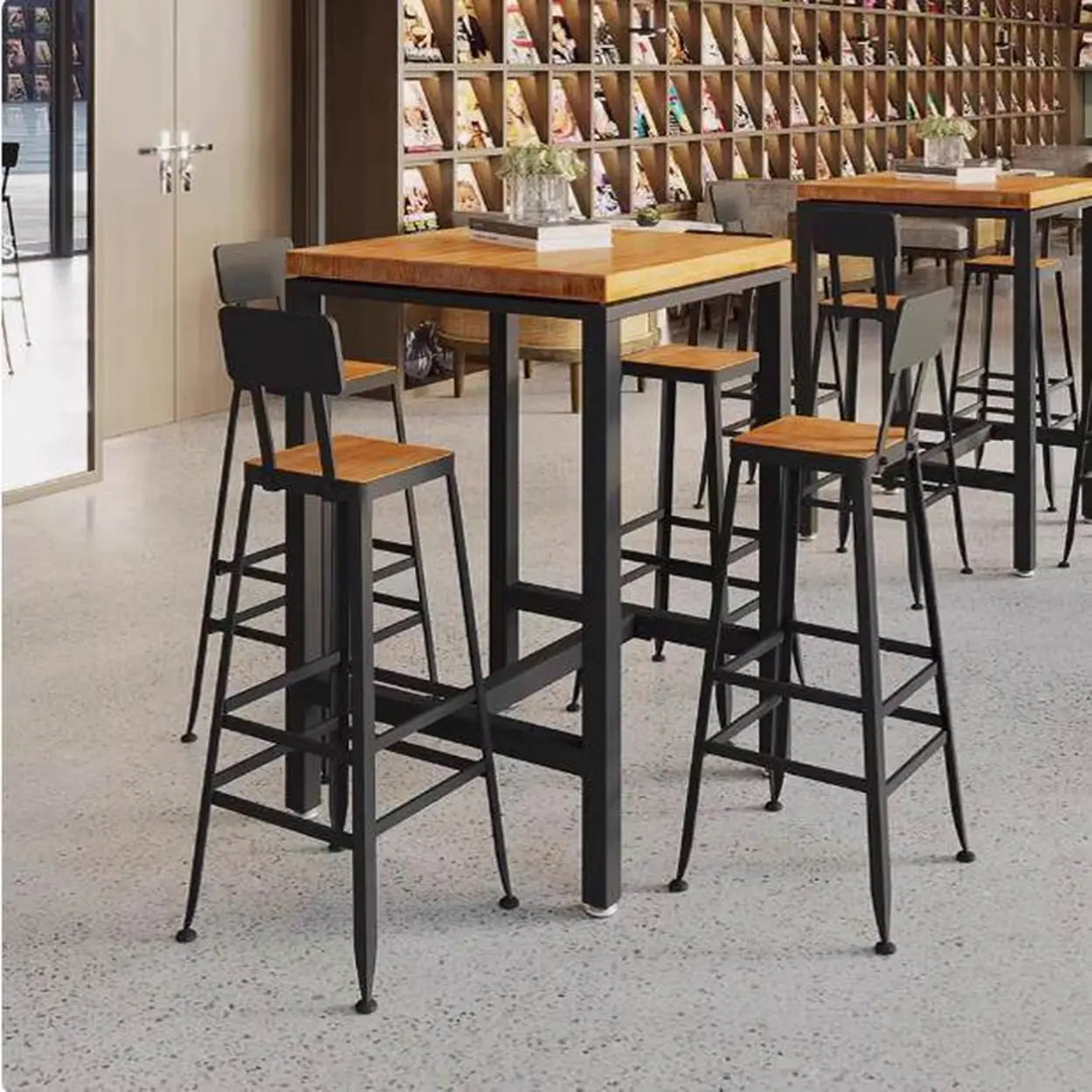 Industrial Square Bar Height Cafe Table with Footrest — Table Only