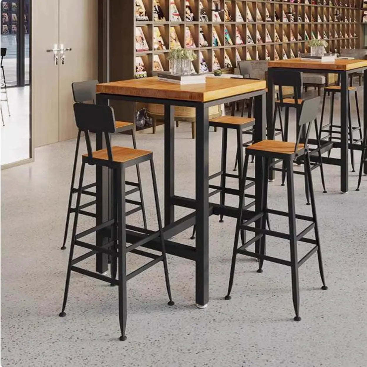 Industrial Square Bar Height Cafe Table with Footrest — Table Only