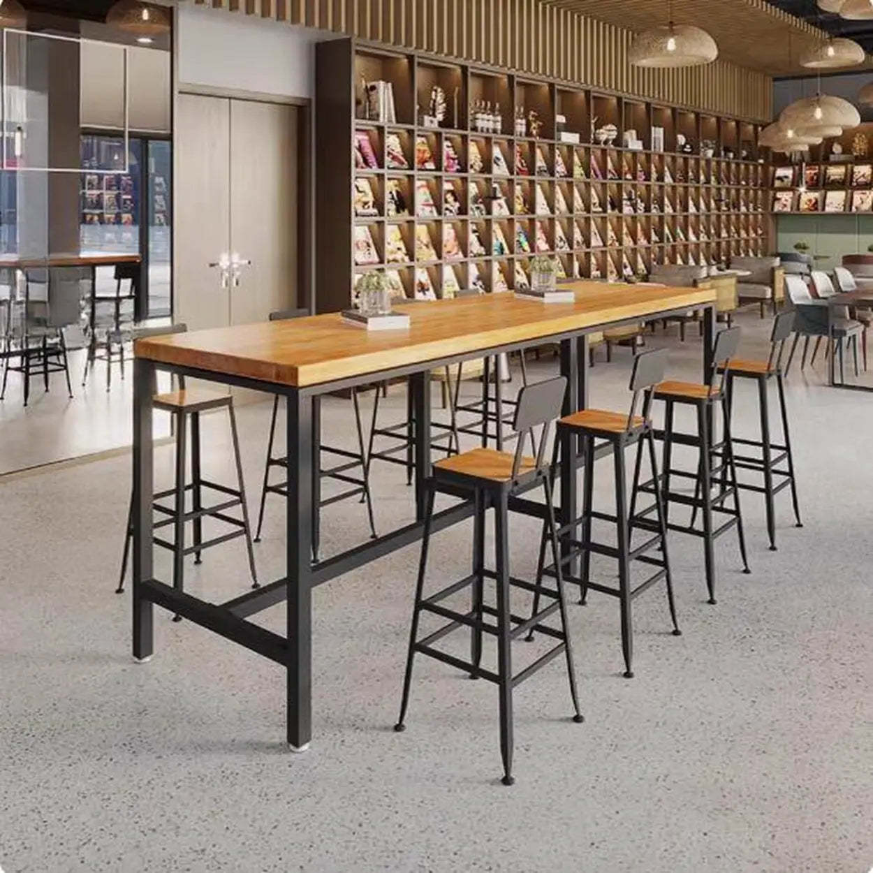 Industrial Square Bar Height Cafe Table with Footrest — Table Only