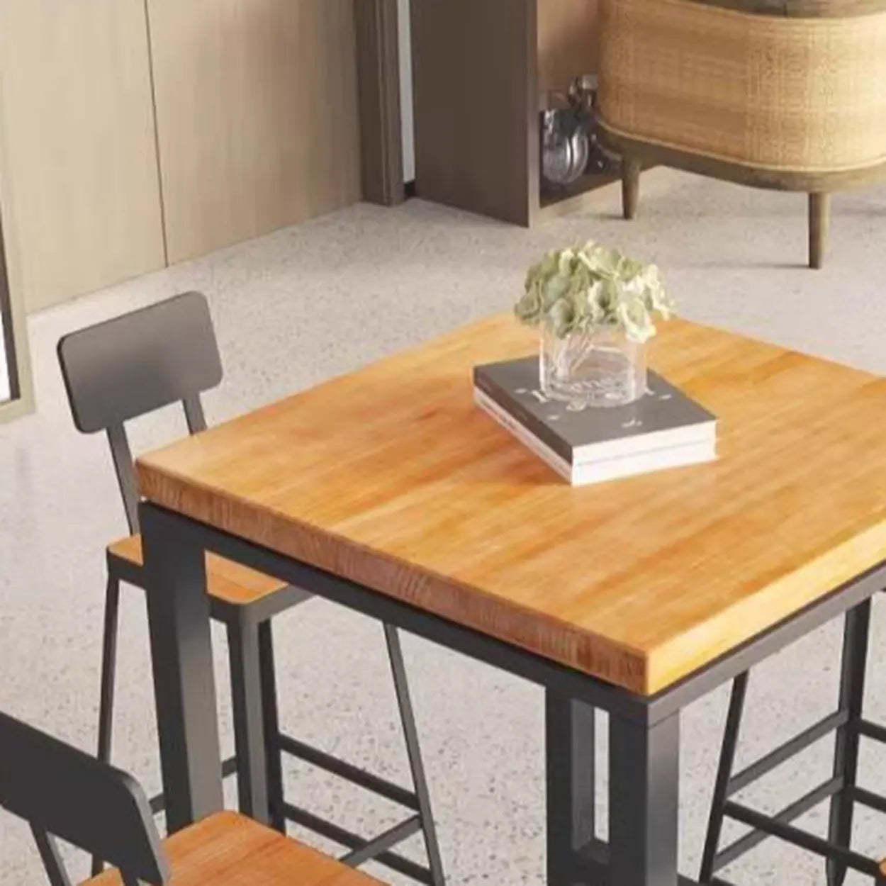 Industrial Square Bar Height Cafe Table with Footrest — Table Only