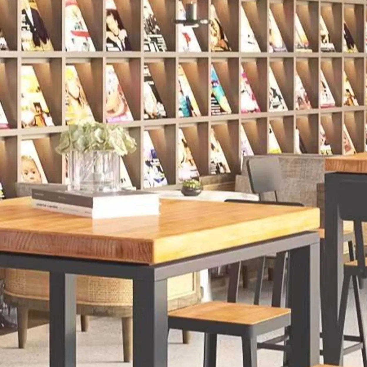 Industrial Square Bar Height Cafe Table with Footrest — Table Only