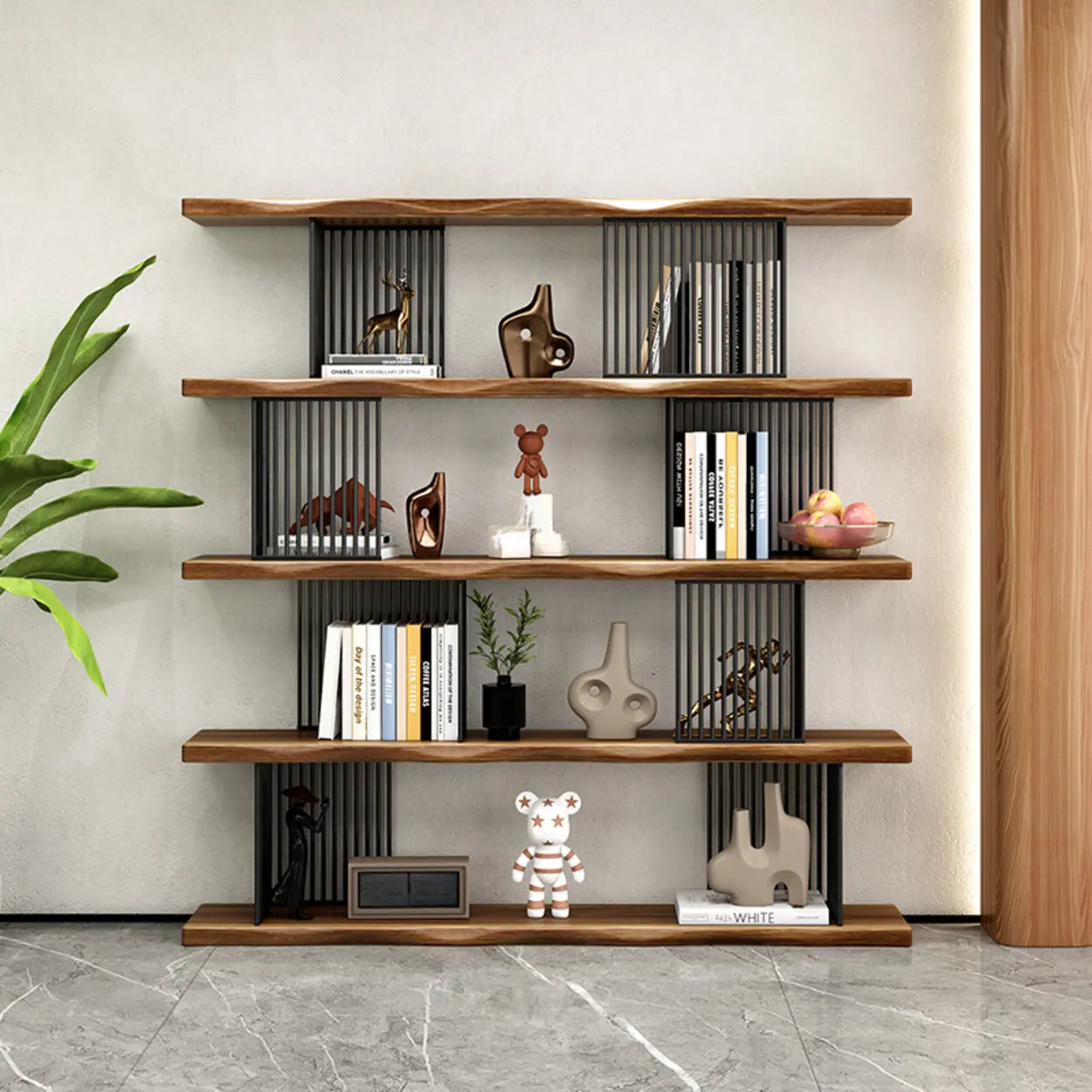 Industrial Wood Wave 4-Tier Bookshelf