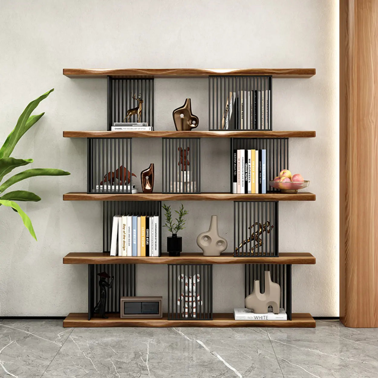 Industrial Wood Wave 4-Tier Bookshelf