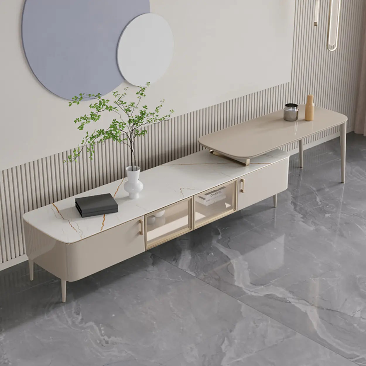 Modern Khaki Marble TV Stand with Cabinet