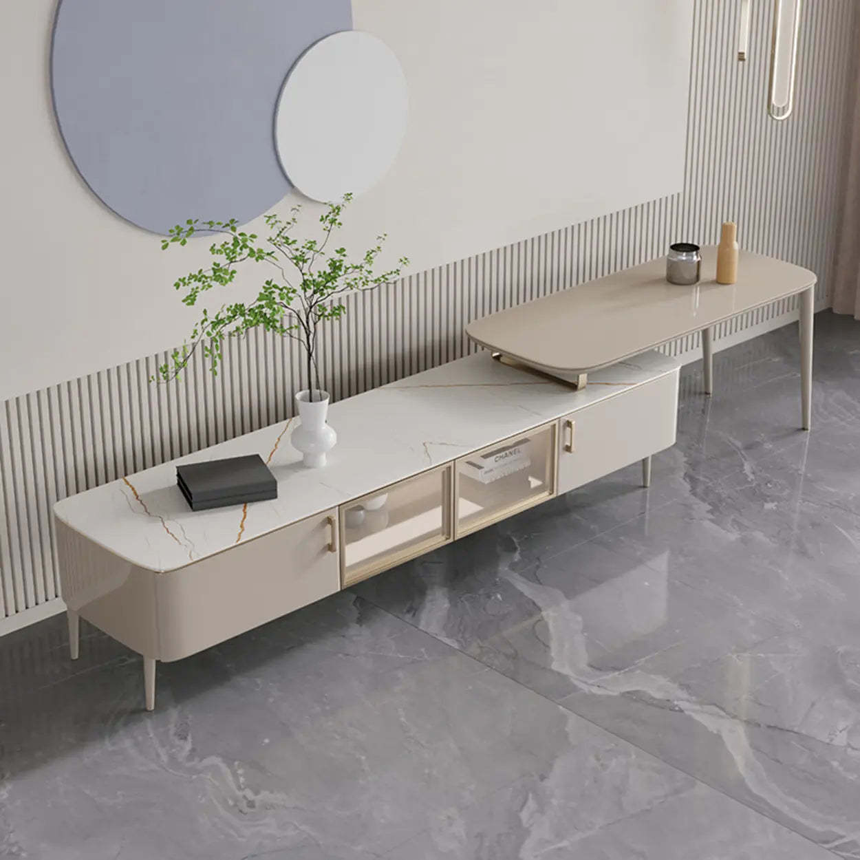 Modern Khaki Marble TV Stand with Cabinet