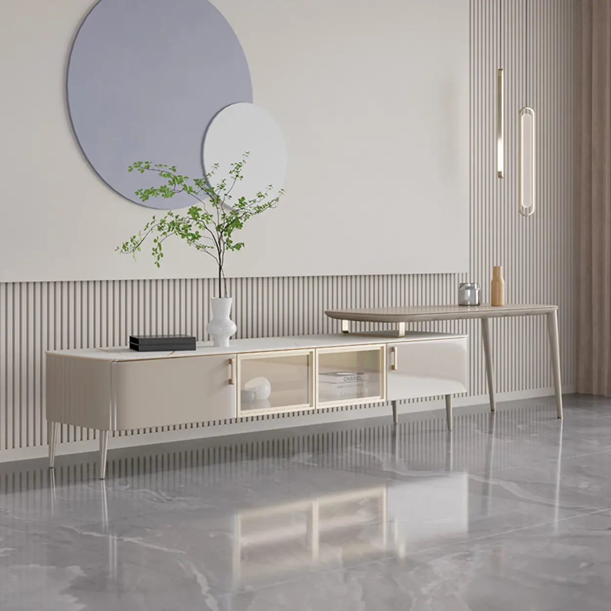 Modern Khaki Marble TV Stand with Cabinet