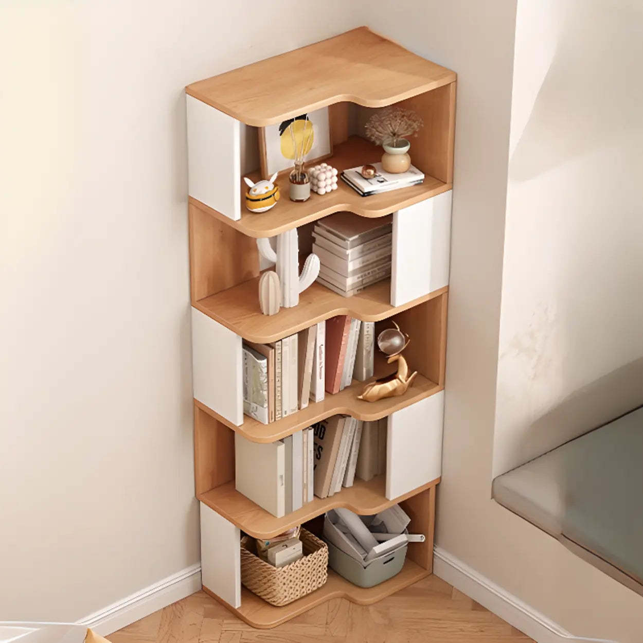 Lighom modern kids bookshelf wood bookcases — 24" L x 16" W x 63" H / White