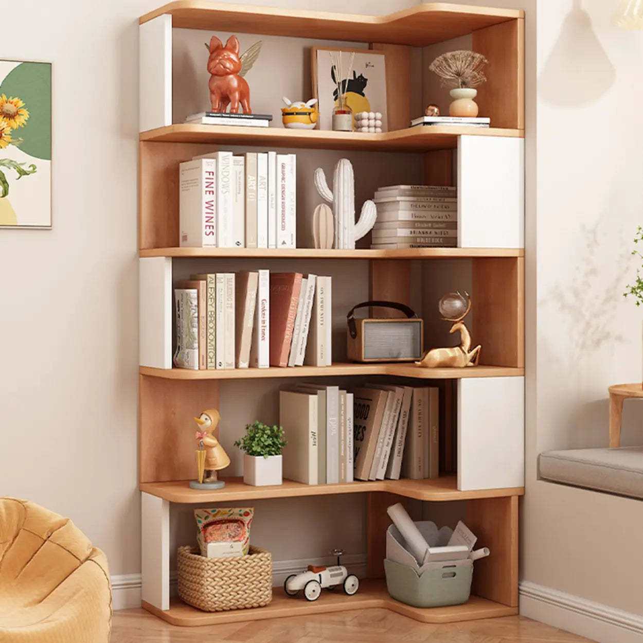 Modern Kids Wood Corner Bookshelf — Nut/Brown