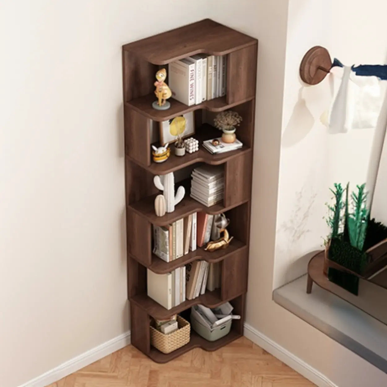 Modern Kids Wood Corner Bookshelf — Nut/Brown