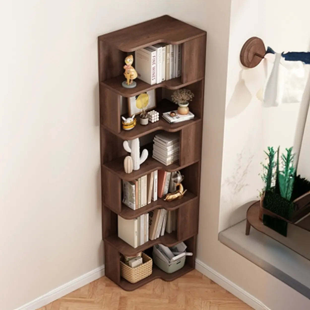 Modern Kids Wood Corner Bookshelf — Nut/Brown