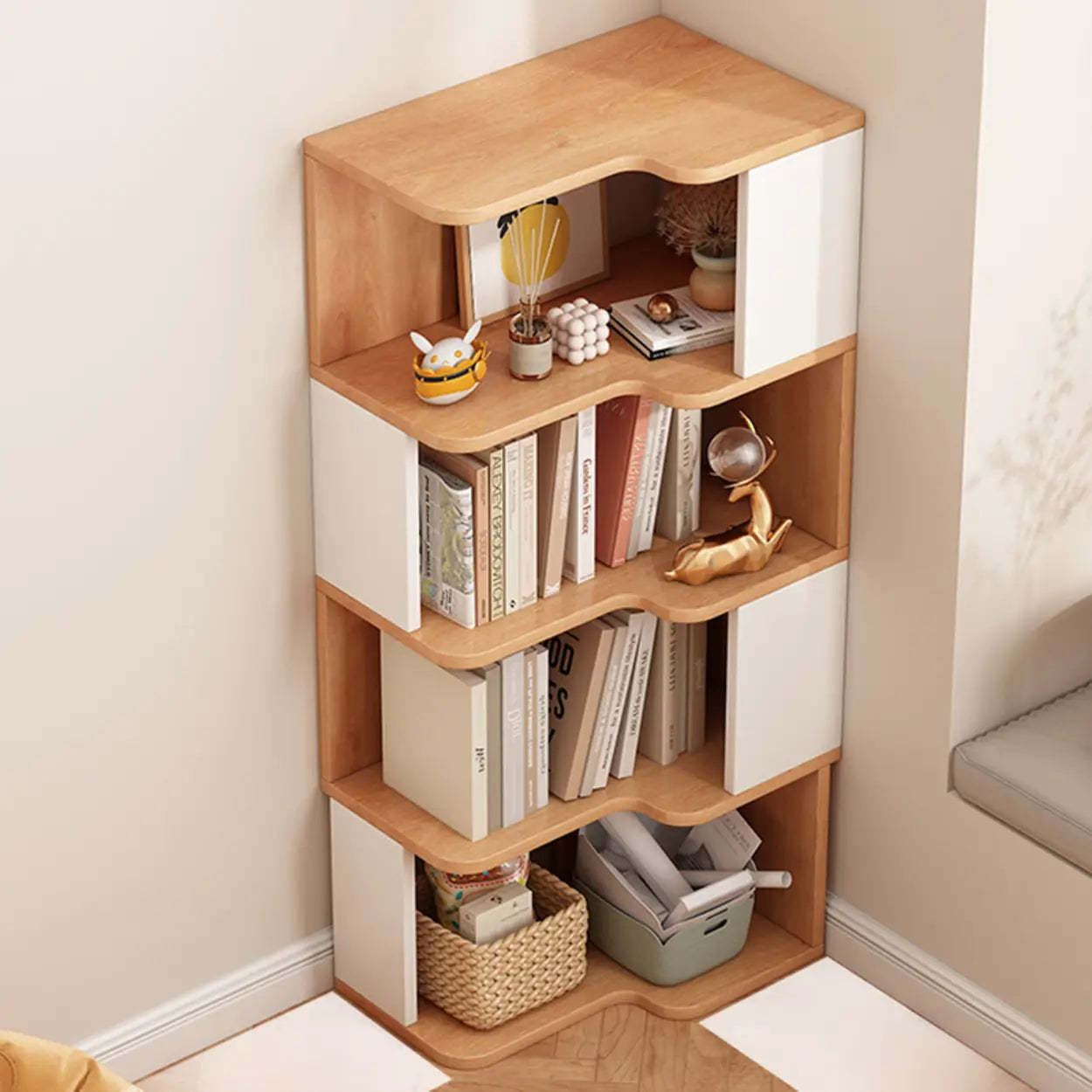 Modern Kids Wood Corner Bookshelf — Nut/Brown