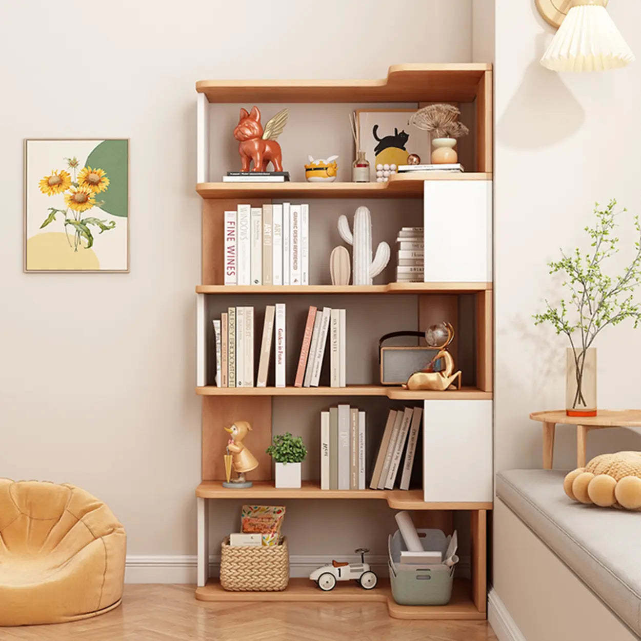 Modern Kids Wood Corner Bookshelf — Wood Color/White
