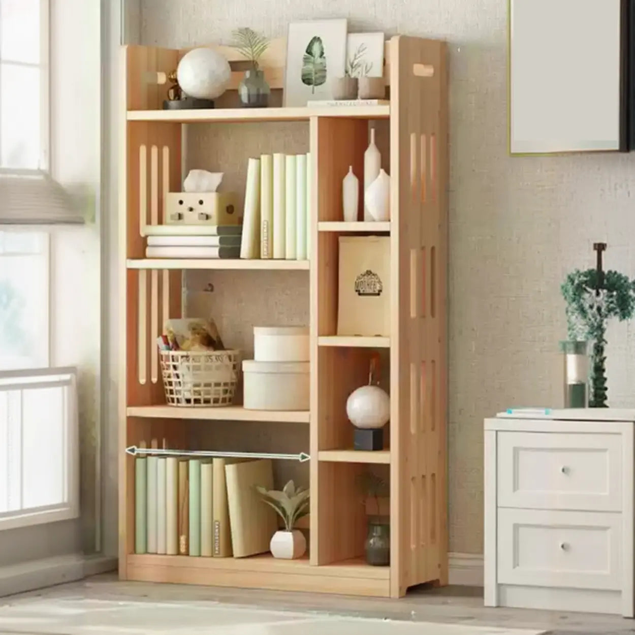 Modern bookshelf kids wood bookcases — 33.5" L x 11" W x 60.6" H