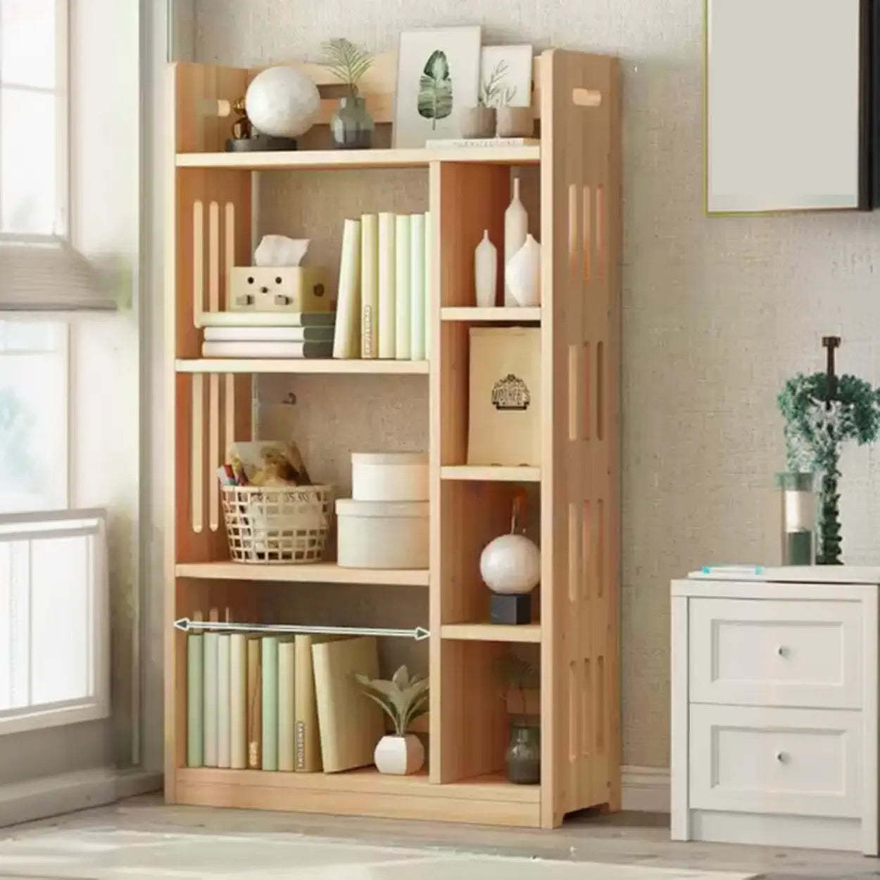 Modern bookshelf kids wood bookcases — 33.5" L x 11" W x 60.6" H