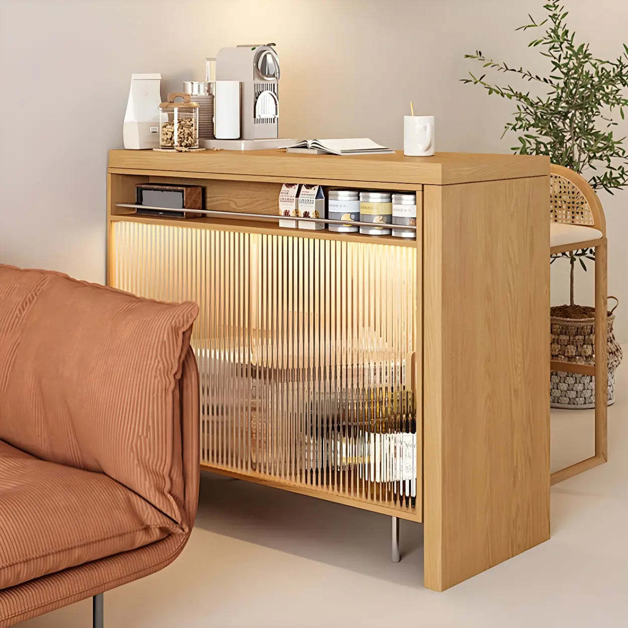 Modern L-Shaped Counter Height Bar Table with Cabinet — Off-White / Table Only