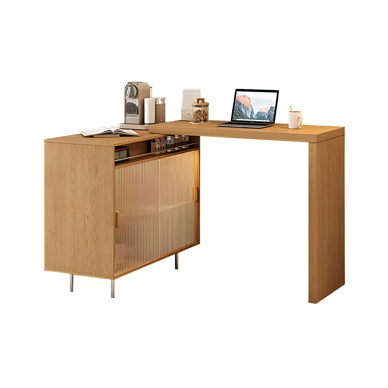 Modern L-Shaped Counter Height Bar Table with Cabinet — Natural / Table Only