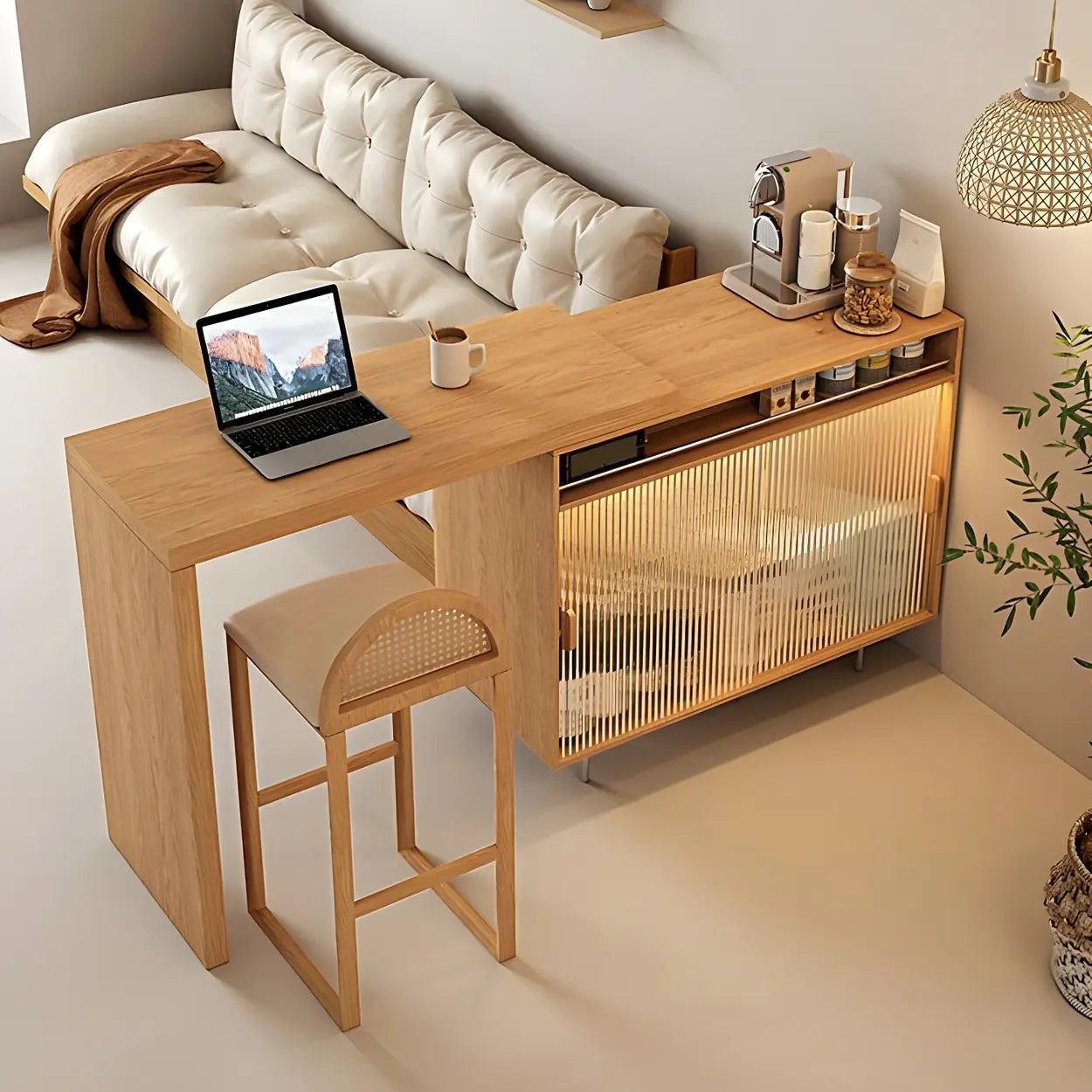 Modern L-Shaped Counter Height Bar Table with Cabinet