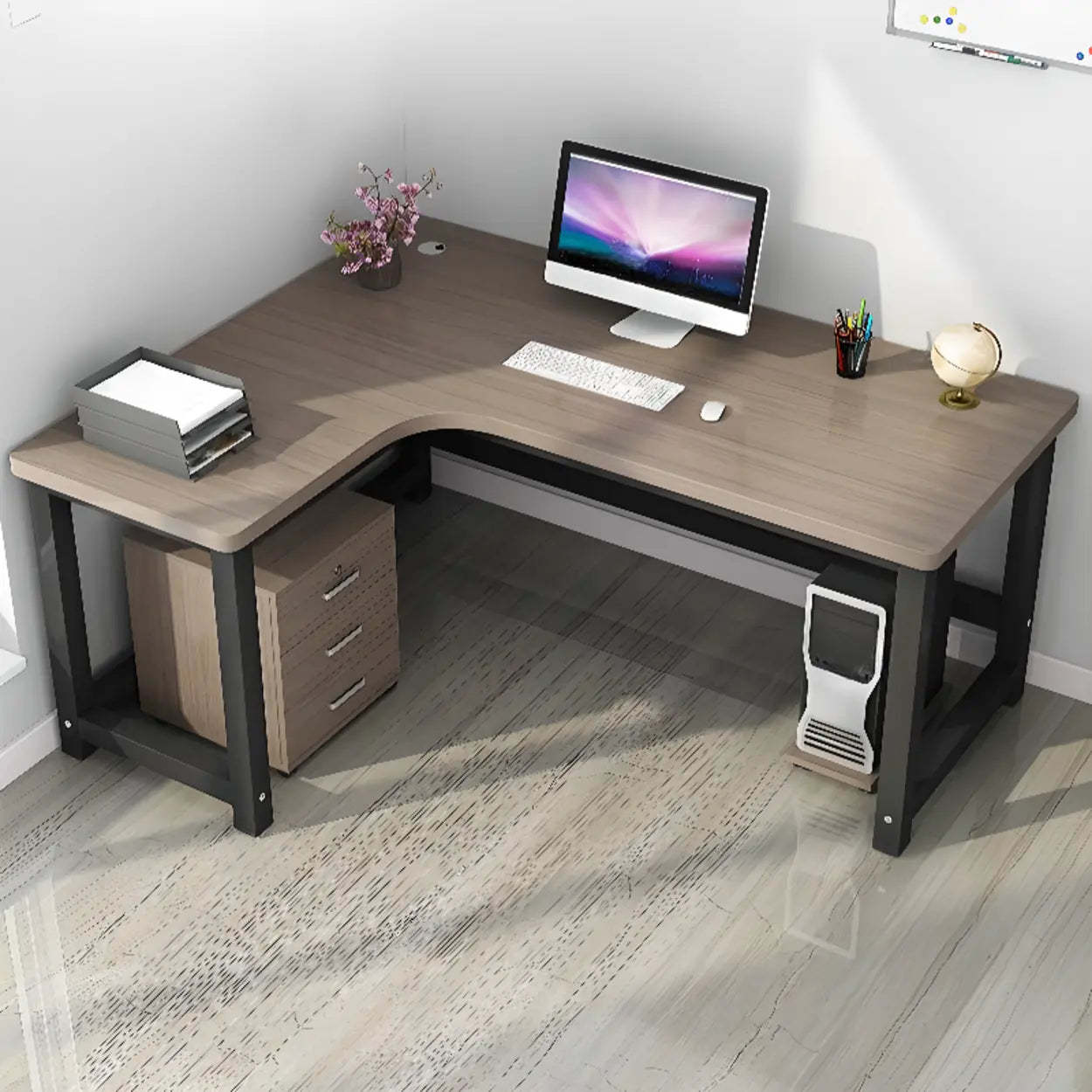 Modern Gray Wood L-Shape H-Base Computer Desk — Left Hand Return / Table Only