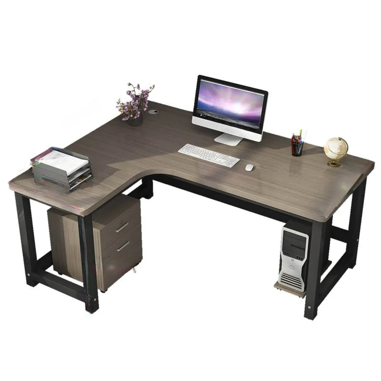 Modern Gray Wood L-Shape H-Base Computer Desk — Right Hand Return / Table Only
