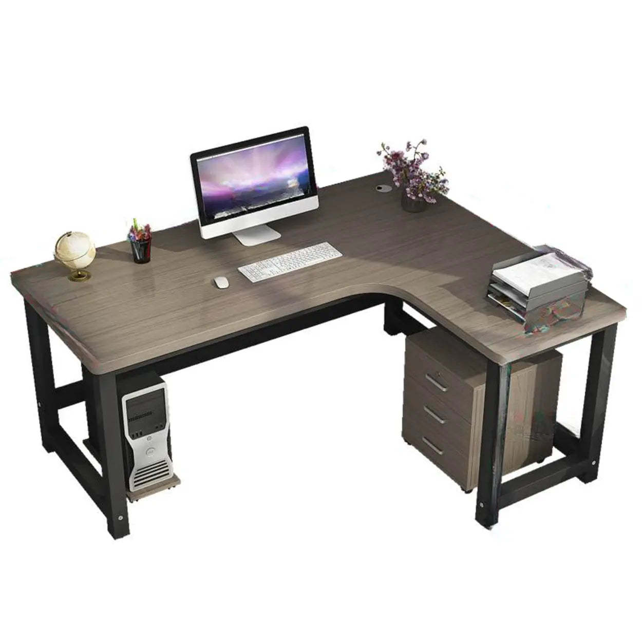 Modern Gray Wood L-Shape H-Base Computer Desk — Left Hand Return / Table Only