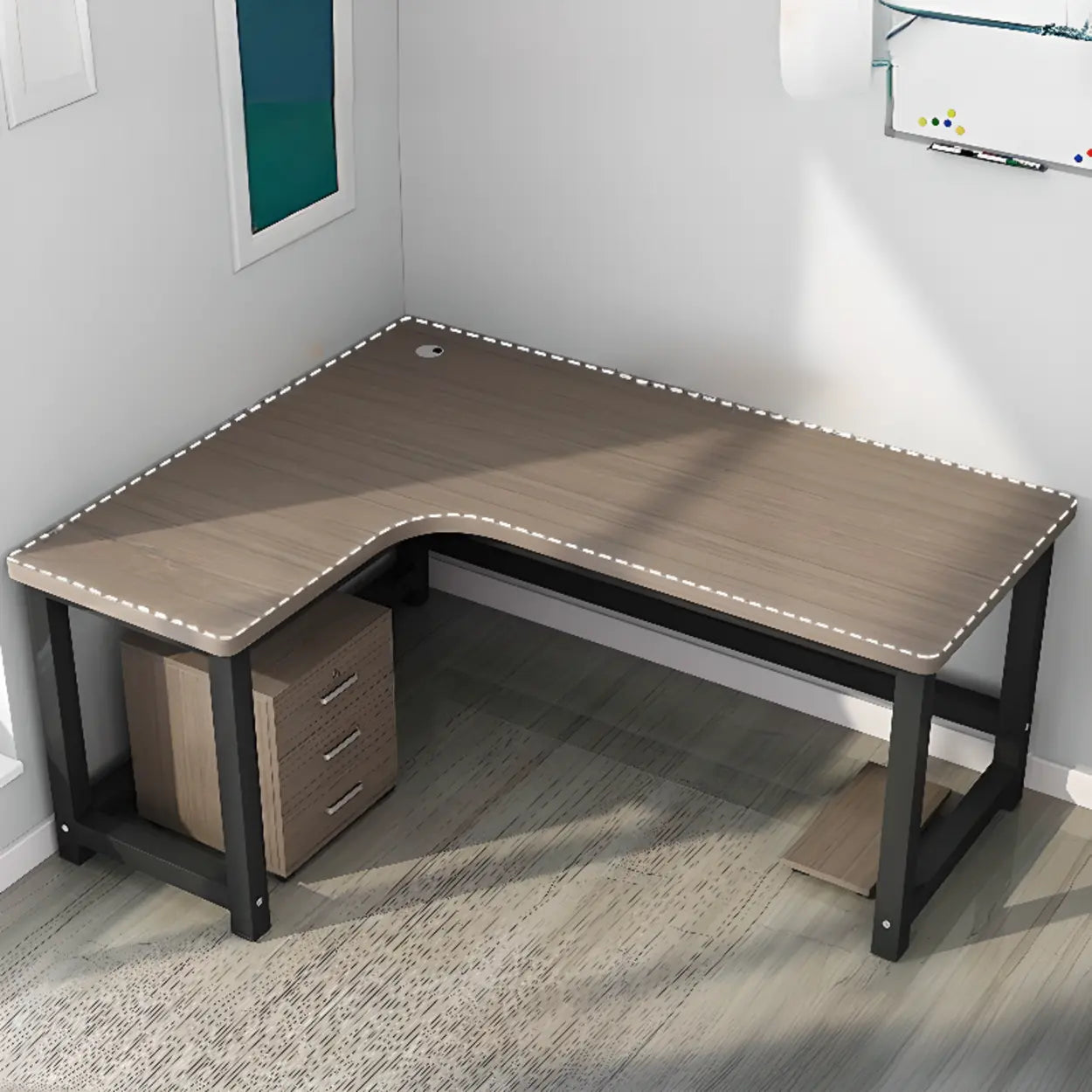 Modern Gray Wood L-Shape H-Base Computer Desk — Right Hand Return / Table Only