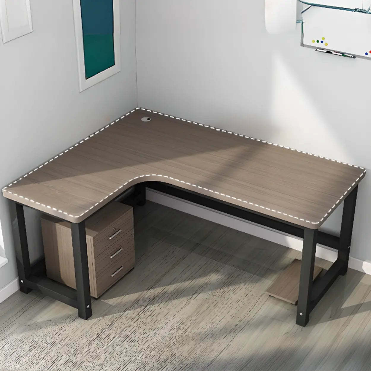 Modern Gray Wood L-Shape H-Base Computer Desk — Right Hand Return / Table Only