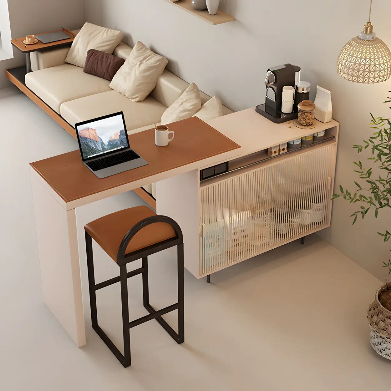 Modern L-Shaped Extendable Bar Table with Storage — Off-White / Table Only